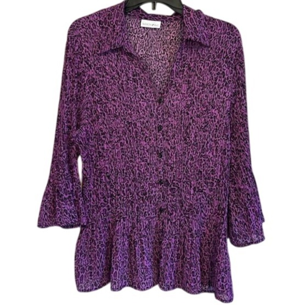 Fashion Bug Vintage Purple Black Leopard Print Button Up Women's Blouse‎ MD